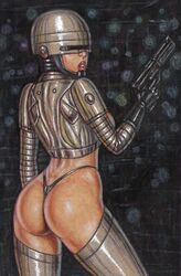 1girls action_pose ass big_breasts breasts breasts_out bubble_butt cybernetics cyborg edithemad female female_focus female_only g-string gender_transformation gun lipstick looking_at_viewer pistol pose posing rear_view robocop robocop_(character) robot rule_63 sideboob solo tagme thigh_boots