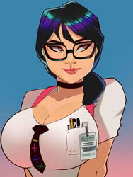 1girls big_breasts black_hair blue_background blue_hair breasts choker cleavage clothed clothed_female epic_games female fortnite fully_clothed fully_clothed_female glasses hi_res maven pink_eyes pinup postblue98 simple_background smile solo solo_focus tagme