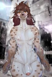 anthro bodily_fluids brown_hair clothing furry genitals hair hi_res hyaenid jean_leblanc_(kamikunt) looking_at_viewer male male_focus male_only mammal nipples nude orange_eyes penis rtr snow solo solo_male spotted_hyena sweat uniform