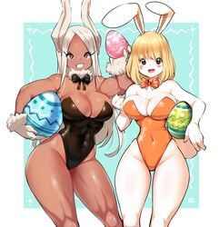 2girls animal_ears animal_tail anthro bangs bare_shoulders big_breasts blonde_hair blue_background blush bow bowtie breasts brown_eyes bunny_ears bunny_girl bunny_tail bunnysuit carrot_(one_piece) cleavage clenched_teeth clothing crossover curvy dark-skinned_female dark_skin duo easter easter_egg eggs eyebrows_visible_through_hair eyelashes female female_focus female_only fringe furry gloves grin highres hips holding holding_object human kenron_toqueen lagomorph large_breasts long_hair looking_at_viewer medium_hair mink_tribe miruko multicolored_background muscular muscular_female my_hero_academia navel one_piece open_mouth orange_eyes parted_bangs parted_lips rabbit rabbit_humanoid revealing_clothes rumi_usagiyama shiny_skin silver_hair simple_background skimpy smile teeth thick_thighs thighs tongue voluptuous white_background white_fur wide_hips