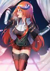 absurdres arknights bagpipe_(arknights) blush boots embarrassed eyebrows_visible_through_hair female full-face_blush highres krirk long_hair nose_blush open_mouth smile sweatdrop thick_thighs thigh_boots thighhighs thighs very_long_hair