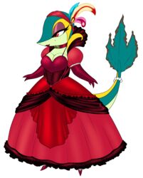 anthro ball_gown beatrice_(ix) beauty_mark cleavage crovirus dress eyelashes eyeshadow female game_freak gloves headdress jewelry lipstick mole_(marking) mole_under_eye opera_gloves pinup pokemon pokemon_(species) red_eyes snivy solo