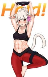 1girls 2020 abs animal_ears armpits arms_above_head arms_up bra breasts cat_ears cat_girl cat_humanoid cat_tail commission confident electronics facial_mark facial_markings feet female final_fantasy final_fantasy_xiv fit fit_female fitness flower flower_in_hair game_controller gym_clothes hips joycon_controller leg_lift leg_strap leg_up legs legwear lethe_scheinen long_hair miqo'te muscles muscular_female ponytail red_eyes ring_fit_adventure shnibbles solo sports_bra sportswear sweat tail text thick_thighs thigh_gap thighs whisker_markings white_background white_hair white_skin wide_hips yoga yoga_pants