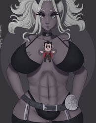 big_breasts demon helltaker helltaker_(character) judgement_(helltaker) muscles papierroboter white_hair