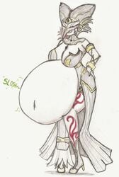 big_belly big_breasts cape cia_(the_legend_of_zelda) cleavage digestion digestion_noises dranthule full_body high_heels huge_belly hyrule_warriors jewelry licking_lips lipstick masked navel nintendo pointy_ears purple_eyes short_hair simple_background skimpy_clothes tagme tattoos the_legend_of_zelda thick_thighs traditional_art vore white_background white_hair