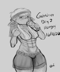 1girls abs breasts cum cum_in_container drinking_cum english english_text female female_only goblin goblin_female monochrome oni_draws short_hair shorts shortstack simple_background small_breasts solo solo_female sweat text tomboy topless towel_around_neck wet_clothes wet_pussy