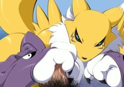 1boy 1girls animated armwear clothing digimon digimon_(species) digiphilia dirtyboy edit female handjob hi_res male penile penis pubes renamon sex straight tagme