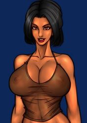 1girls a_new_apartment abs belly black_hair breasts brown_eyes cleavage dark-skinned_female female female_only fit_female huge_breasts indian large_breasts lipstick looking_at_viewer mascara navel neena_talwar ngtvisualstudio nipples nipples_visible_through_clothing original original_character seductive see-through_clothing see-through_shirt short_hair smile solo tank_top transparent_clothing voluptuous