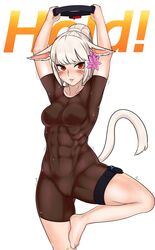 1girls abs animal_ears armpits arms_above_head arms_up bodysuit breasts breasts_visible_through_clothing cameltoe cat_ears cat_girl cat_tail commission confident electronics facial_mark facial_markings feet female final_fantasy final_fantasy_xiv fit fit_female fitness flower flower_in_hair game_controller gym_clothes hips joycon_controller leg_lift leg_strap leg_up legs legwear lethe_scheinen long_hair miqo'te muscles muscular_female nipples_visible_through_clothing ponytail red_eyes ring_fit_adventure shnibbles silver_hair solo sportswear sweat tail thick_thighs thigh_gap thighs tight_clothing whisker_markings white_hair wide_hips yoga