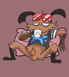 1boy alien anthro balls ballsack body_fur bottomless brown_fur casual casual_nudity coffee coffee_mug flaccid_penis furry male male_only oc original_character pantsless penis scrotum shaggy_fur sheath smuttales solo spread_legs testicles white_eyes