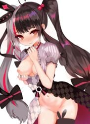 ahoge animal_band_legwear black_hair black_legwear breasts bunny_band_legwear closed_mouth dress female grey_dress grey_hair groin hair_bobbles hair_ornament heavy_breathing highres long_hair looking_at_viewer marisayaka medium_breasts multicolored_hair navel nijisanji nipples no_panties one_breast_out puffy_short_sleeves puffy_sleeves pussy_juice red_hair short_sleeves simple_background single_thighhigh solo streaked_hair thighhighs twintails two-tone_hair very_long_hair virtual_youtuber white_background yorumi_rena