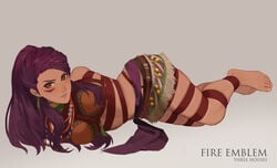 1girls arms_behind_back bare_legs bondage braid brown_eyes captured crop_top dark-skinned_female female_only fire_emblem fire_emblem:_three_houses long_hair looking_at_viewer midriff midriff_baring_shirt nintendo petra_macneary post-timeskip purple_hair rainnear restrained rope rope_bondage skirt solo solo_female