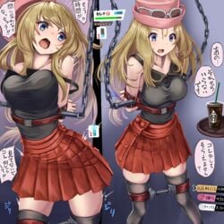 1girls arms_behind_back arms_bound_behind_back bladder_gauge blonde_hair blue_eyes blush bondage bound breasts cuffs diuretics female femsub game_freak gameplay_mechanics glasses hat highres japanese_text monikano nintendo pink_headwear pleated_skirt pokemon pokemon_battle pokemon_xy restrained serena_(pokemon) shackles skirt spreader_bar starbucks sunglasses_on_hat sweat text thighhighs translation_check