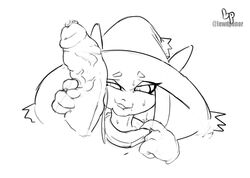 1girls bad_id eyeshadow female female_focus ghost hat huge_cock lewdpen looking_at_penis mismagius monochrome necklace nintendo penis pokémon_(species) pokemon pokemon_(species) pokemon_dppt sweat sweatdrop touching_penis veiny_penis witch_hat