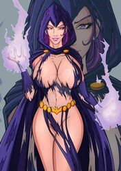 1girls belly belt breasts cleavage convenient_censoring dc dc_comics female female_only large_breasts lipstick looking_at_viewer magic ngtvisualstudio purple_eyes purple_hair rachel_roth raven_(dc) raven_(dc)_(classic) smile solo straight_hair teen_titans torn_clothes voluptuous watermark