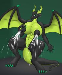 5:6 abs absurd_res anthro big_breasts big_nipples black_body black_nipples bodily_fluids breasts claws colored_nails crouching digital_media_(artwork) digitigrade dragon female genitals green_background green_body green_claws green_eyes green_horn green_nails green_scales green_wall green_wings hi_res horn huge_breasts inside kaya_(knockedoutdragon) knockedoutdragon lactating looking_at_viewer milk nails nipples puffy_nipples pussy scales scalie simple_background solo spread_legs spreading thick_thighs wings