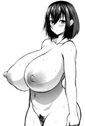 areolae ass black_hair curvy female hairy_pussy huge_breasts looking_at_viewer monochrome nipples nude_female original original_character ponchi_(menchi0925) short_hair sweat sweatdrop thick_thighs