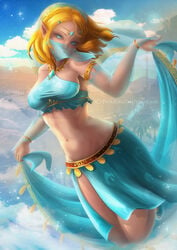 1girls alternate_costume arabian_clothes belly belly_dancer belly_dancer_outfit blonde_hair blue_clothing blue_eyes breath_of_the_wild circlet dancer dancer_outfit dancing demigoddess detached_sleeves female gerudo_link_(cosplay) gerudo_outfit gerudo_top gerudo_veil harem_outfit hylian linarahe medium_breasts middle_eastern_clothing navel nintendo pointy_ears princess_zelda sarong tears_of_the_kingdom the_legend_of_zelda veil voluptuous zelda_(tears_of_the_kingdom)