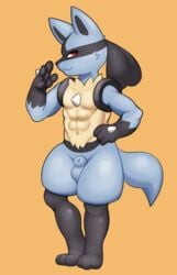 abs absurd_res animal_genitalia anthro balls genitals hi_res louis lucario male male_only muscular muscular_male nintendo nude pokemon pokemon_(species) pose pururing sheath simple_background solo video_games yellow_background