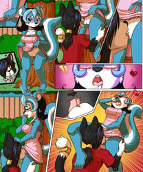 ! anthro black_body black_fur black_hair blue_body blue_fur blue_hair blush breasts caramel-kitteh clothed clothing clothing_lift comic cunnilingus domestic_cat dress dress_lift duo eyewear felid feline felis female fur genitals glasses hair heart hi_res luscious_(caramel-kitteh) male mammal mephitid oral outside pussy sex skunk straight striped_skunk upskirt vaginal_penetration