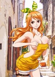 1girls accurate_art_style bangs bare_shoulders bracelet breasts clima-tact earrings female female_only hair_ornament hair_ribbon jewelry large_breasts lips long_hair looking_at_viewer naked_overalls nami one_piece one_piece_film_stampede orange_eyes orange_hair overalls raida_(j5einmnjp3r49k6) ribbon shounen_jump sideboob smile solo suspenders tagme tattoo wavy_hair