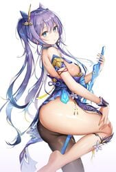 ass female female_focus genshin_impact keqing_(genshin_impact) kiriko_(araragikoyomi) looking_at_viewer ponytails thick_thighs thighhighs turquoise_eyes twintails