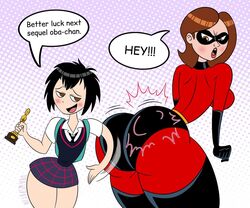 2019 2girls age_difference apple_butt armwear ass ass_slap award backpack bag big_ass big_hips black_hair brown_hair bubble_ass bubble_butt butt_slap clothing costume crossover curvaceous curves curvy curvy_female curvy_figure curvy_hips dialogue disney drawsputin elastigirl eyewear fanart fat_ass female female/female female_only footwear handwear helen_parr human large_ass large_butt legwear lesbian lezdom lezsub marvel marvel_comics mask medium_breasts mocking older_female oscar_(award) oscars_(ceremony) outfit pale_skin peni_parker pixar round_ass slap smooth_skin sony speech_bubble spider-man:_into_the_spider-verse spider-man_(series) superheroine the_incredibles thick_thighs vibration wide_hips younger_female yuri