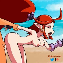 1boy 1girls animated background beach doggy_style gloves green_eyes harmony_(shantae) katameleon nude nude_female offscreen_male ponytail red_hair sex shantae side_view smooth_skin