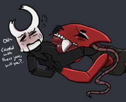 aliasing ambiguous_gender anthro anthrofied blowjob blush bug centipede dialogue fellatio hollow_knight insect insects long_tongue male male/ambiguous no_humans oc original_character penis saliva smaller_male smuttales sweat team_cherry tonguejob zote zote_the_unmighty