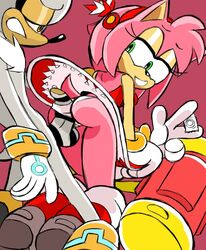 amy_rose bent_over clothing condom feathers female/male footwear green_eyes grey_fur grey_hair hammer handwear hot_dogging mostly_nude orange_eyes penis piko_piko_hammer pink_fur pink_hair sega silver_the_hedgehog smirk smug sonic_(series) sonic_the_hedgehog_(series) straight teenager