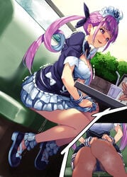 bangs blue_hair dress female female_focus hololive hololive_gen_2 hololive_japan koubou_(cowbow_kun) maid maid_apron maid_headdress maid_outfit maid_uniform minato_aqua no_bra peeing peeing_self public public_urination shoes sitting sitting_pee skirt_lift urinating urinating_female urination urine urine_pool virtual_youtuber