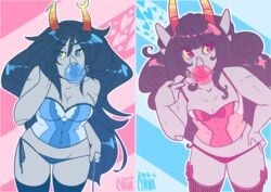 2014 2girls blue_background blue_eyes blue_hair breasts bubble_gum feferi_peixes fins grey_skin heart homestuck horns lingerie long_hair ms_paint_adventures panties pink_background pink_eyes pink_hair sorimori thighhighs troll vriska_serket