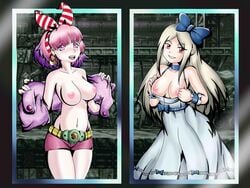 allexxiss bonny_(metal_slug) breasts breasts_out earrings metal_slug metal_slug_attack nipples open_mouth pink_eyes pink_hair red_eyes ribbon self_exposure snk white_baby_(metal_slug)