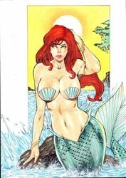 1girls ariel armlet belly bracelet breasts disney disney_princess distracting_watermark ed_benes_studio green_eyes lanio_sena large_breasts long_hair mermaid navel navel_piercing no_bra ocean red_hair seashell_pasties seaside the_little_mermaid underboob watermark