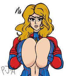 big_breasts black_eyes blonde_hair bodysuit breasts busty captain_marvel carol_danvers cleavage deep_cleavage female female_focus female_only female_superhero hourglass_figure huge_breasts large_breasts long_hair marvel marvel_comics p.j.a pinup pinup_pose pose posing skimpy skimpy_bodysuit skimpy_clothes solo standing superhero superheroine wide_hips