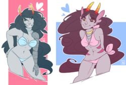 2014 2girls bikini blue_hair bra breasts feferi_peixes fins gills grey_skin homestuck horns long_hair ms_paint_adventures panties pink_hair robotic_arm smile sorimori swimsuit troll vriska_serket yellow_eyes