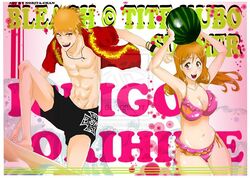 1boy 1girls abs bikini bleach breasts female hawaiian_shirt highres ichigo_kurosaki inoue_orihime large_breasts male muscular_male narrow_shoulders norita orange_hair pink_bikini shirt shorts side-tie_bikini smile swim_trunks swimsuit thick_thighs thighs thin_arms watermelon wide_hips