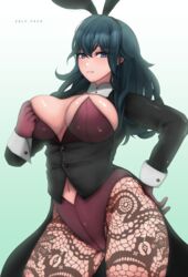 1girls absurdres animal_ears artist_name bangs black_jacket blue_background blue_eyes blush breasts brown_legwear bunny_ears bunny_girl bunnysuit byleth_(fire_emblem) byleth_(fire_emblem)_(female) cleavage clothing_cutout cowboy_shot eyebrows_behind_hair fake_animal_ears female female_focus female_only fire_emblem fire_emblem:_three_houses framed_breasts gradient gradient_background hair_between_eyes hand_on_hip highres jacket large_breasts leggings leotard long_hair long_sleeves looking_at_viewer navel navel_cutout nintendo pantyhose parted_lips patterned_clothing playboy_bunny purple_leotard sidelocks simple_background solo standing strapless strapless_leotard teal_hair waistcoat wrist_cuffs zelc-face