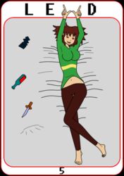 1girls 2d brown_hair chara female female_only human human_female human_only lying lying_on_back lying_on_bed red_eyes solo talonout undertale undertale_(series)