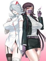 akizora danganronpa danganronpa_2:_goodbye_despair danganronpa_3 gray_hair huge_breasts kimura_seiko long_hair mask no_panties nurse outfit_swap pubic_hair purple_eyes straight_hair syringe tagme thick thighhighs tsumiki_mikan