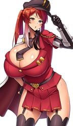 big_breasts cap character_request cute gloves heterochromia huge_breasts open_mouth red_hair sole_gem thick thick_thighs thigh_highs unbuttoned unbuttoned_shirt white_background