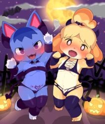 2girls animal_crossing anthro arms_raised blonde_hair blue_fur blush claws cosplay costume cute cute_fang cute_fangs dagasi demon demon_horns demon_tail detailed_background female female_only furry furry_only halloween halloween_costume horns isabelle_(animal_crossing) looking_at_viewer marking nintendo nipple_bulge nipple_outline no_humans one_leg_raised one_leg_up open_mouth paws playful pose posing purple_eyes raised_leg rosie_(animal_crossing) skimpy skimpy_clothes small_breasts smile smiling smiling_at_viewer spade_tail stockings string_bra string_panties succubus sweat tattoo thick_thighs wide_hips yellow_fur yellow_hair