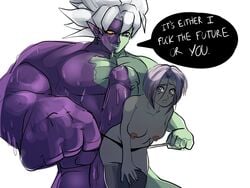 big_dom_small_sub big_penis dragon_ball dragon_ball_super female_trunks future_trunks futurecrossed genderswap green_skin purple_hair rule_63 size_difference super_saiyan super_saiyan_rose thong_pull trunks_briefs zamasu