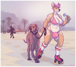 absurd_res anthro balls_outline beach bikini border bulge candy canid canine canis cervid clothing collar domestic_dog duo feral flynx-flink food footwear genital_outline great_dane gynomorph hair hi_res intersex leash lollipop male mammal mastiff molosser penis_outline pink_hair public rana rollerskates seaside socks swimwear white_border