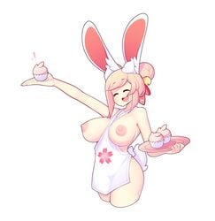 1girls apron apron_only areolae breasts bunny_ears closed_eyes cupcake double_bun eyebrows_visible_through_hair female female_focus female_only fiz fizintine food huge_breasts large_breasts nipples open_mouth original pink_hair smile solo white_background wholesome