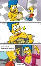 alternate_breast_size bart_simpson blue_hair breasts cleavage comic english_text female large_breasts marge_simpson milf mother mother_and_son necklace robe shocked son sya tennis_racket text the_simpsons yellow_hair yellow_skin