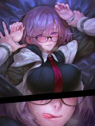 1boy 1girls bacius big_breasts blush clothed clothing fate/grand_order fate_(series) full-face_blush glasses hair_over_one_eye hoodie horny jacket licking_lips looking_at_viewer lowres mash_kyrielight on_bed pink_hair pov purple_eyes restrained short_hair sweat sweating thirsty tie tongue_out