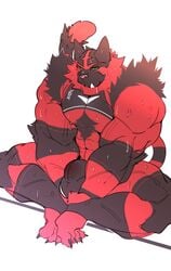 2020 anthro big_bulge big_muscles black_body black_claws black_fur bodily_fluids body_hair bulge chest_hair claws clothing fur green_eyes hi_res incineroar male male_only matcharyu muscular muscular_anthro muscular_male nintendo nipples pink_nipples pink_nose pokémon_(species) pokemon red_body red_fur sitting solo solo_male striped_body striped_fur stripes sweat tight_clothing veiny_muscles video_games yellow_sclera