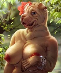 1girls anthro areolae big_breasts blue_eyes breasts canine earrings eyelashes female female_only flower_in_hair furry jewelry levelviolet looking_at_viewer nipples nude outdoors shar_pei smile solo yellow_fur