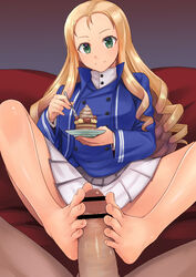 1boy bar_censor bare_legs barefoot bc_freedom_military_uniform blonde_hair blue_jacket censored closed_mouth commentary_request convenient_censoring couch dress_shirt drill_hair eyelashes feet female food footjob forehead full_body girls_und_panzer green_eyes high_collar holding holding_saucer jacket kokuriu long_hair long_sleeves looking_at_viewer marie_(girls_und_panzer) out_of_frame penis pleated_skirt saucer shirt sidelocks sitting skirt toes white_skirt